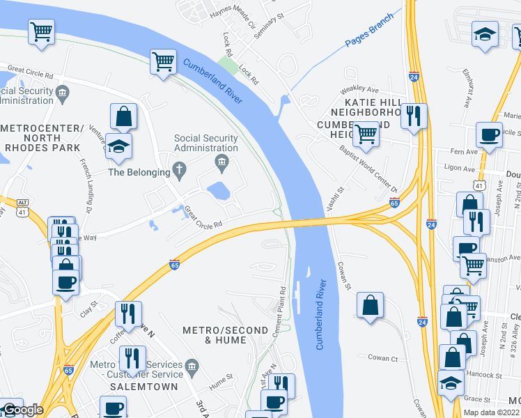 map of restaurants, bars, coffee shops, grocery stores, and more near Interstate 65 in Nashville