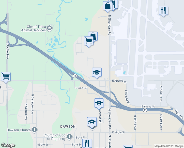 map of restaurants, bars, coffee shops, grocery stores, and more near 2607 North Norwood Avenue in Tulsa