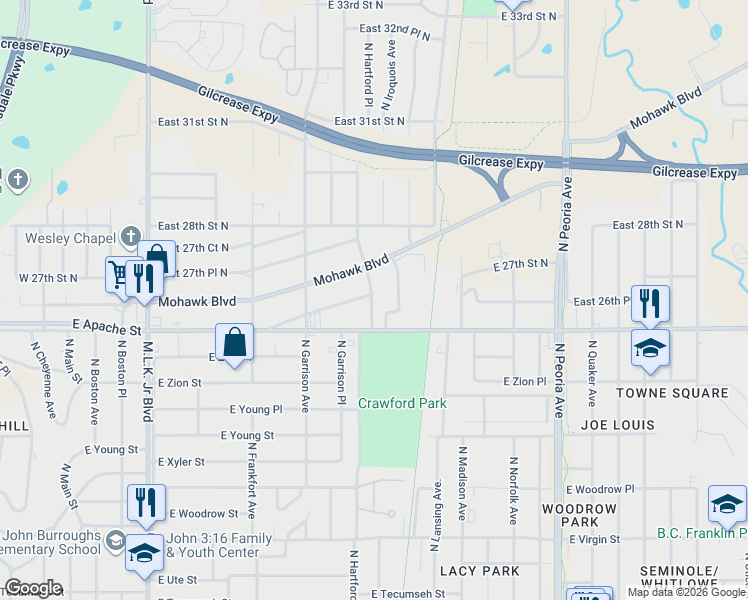 map of restaurants, bars, coffee shops, grocery stores, and more near 659 East Apache Street in Tulsa