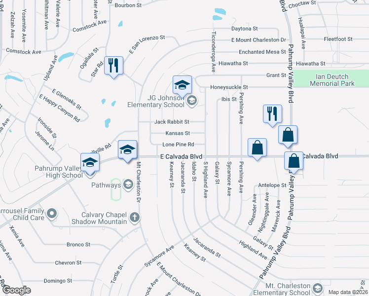 map of restaurants, bars, coffee shops, grocery stores, and more near 870 East Calvada Boulevard in Pahrump
