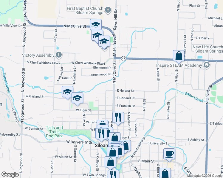 map of restaurants, bars, coffee shops, grocery stores, and more near 875 North Wright Street in Siloam Springs