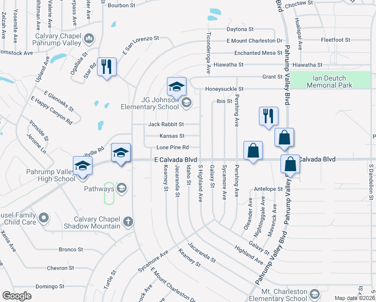 map of restaurants, bars, coffee shops, grocery stores, and more near 870 East Calvada Boulevard in Pahrump