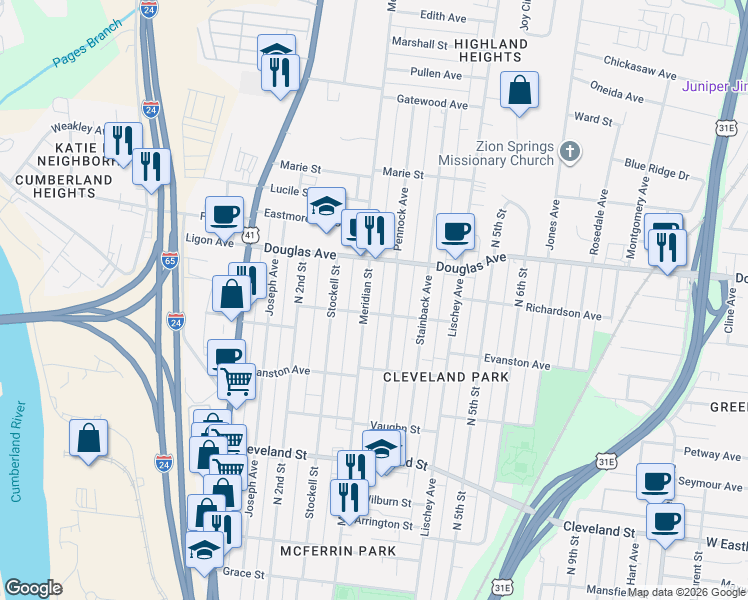 map of restaurants, bars, coffee shops, grocery stores, and more near 1128 Meridian Street in Nashville
