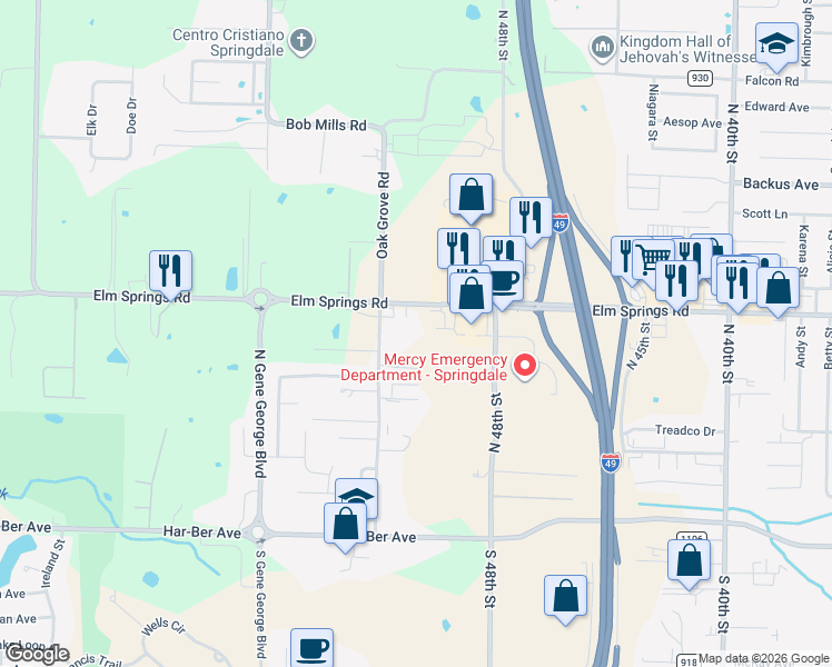 map of restaurants, bars, coffee shops, grocery stores, and more near 695 Oak Grove Road in Springdale