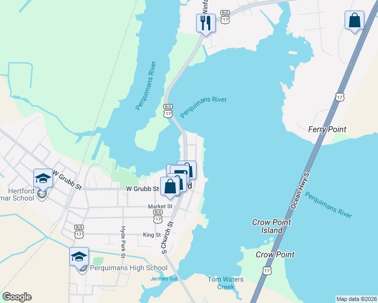 map of restaurants, bars, coffee shops, grocery stores, and more near 311 North Church Street in Hertford