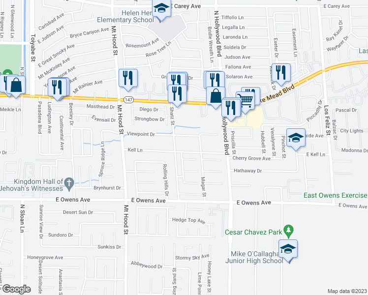 map of restaurants, bars, coffee shops, grocery stores, and more near 6532 Kell Lane in Las Vegas