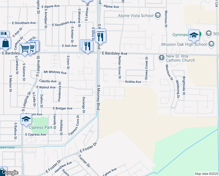 map of restaurants, bars, coffee shops, grocery stores, and more near 1468 South Mooney Boulevard in Tulare