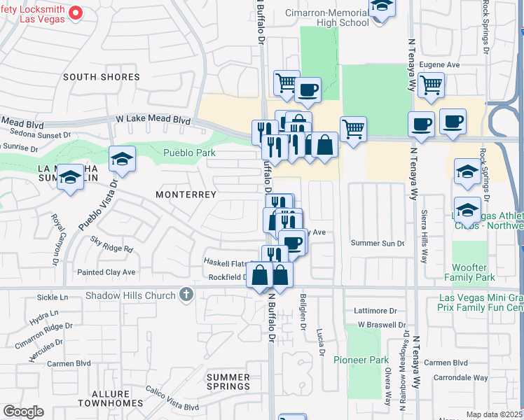 map of restaurants, bars, coffee shops, grocery stores, and more near 1736 Pomerado Drive in Las Vegas