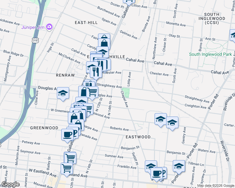 map of restaurants, bars, coffee shops, grocery stores, and more near 1410 Douglas Avenue in Nashville