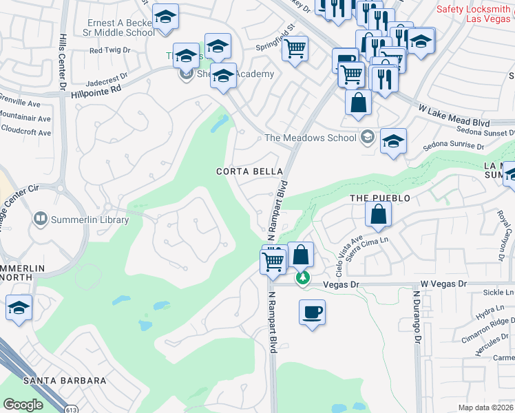 map of restaurants, bars, coffee shops, grocery stores, and more near 8808 Quadro Court in Las Vegas