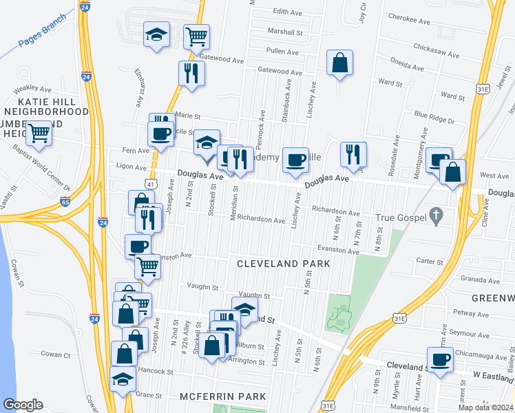 map of restaurants, bars, coffee shops, grocery stores, and more near 1207 Pennock Avenue in Nashville