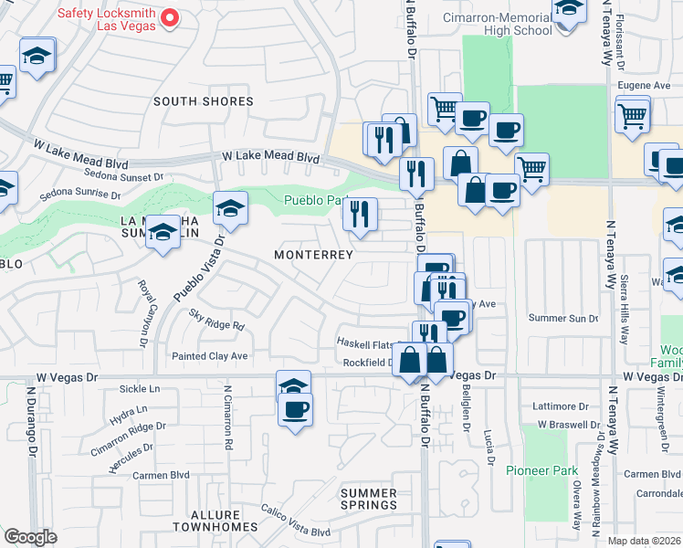 map of restaurants, bars, coffee shops, grocery stores, and more near 1713 Park Mesa Lane in Las Vegas
