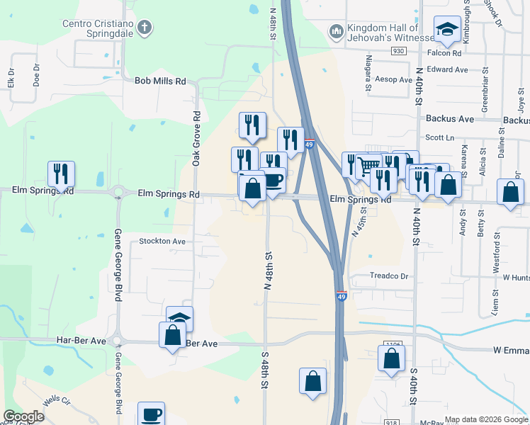 map of restaurants, bars, coffee shops, grocery stores, and more near 4815 County Road 56 in Springdale