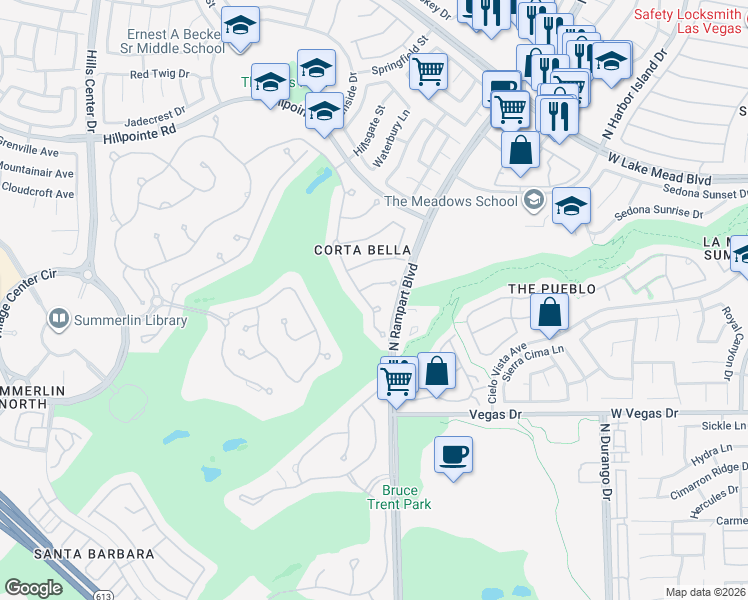 map of restaurants, bars, coffee shops, grocery stores, and more near 8808 Quadro Court in Las Vegas