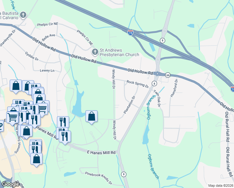 map of restaurants, bars, coffee shops, grocery stores, and more near 5641 Windy Hill Drive in Winston-Salem