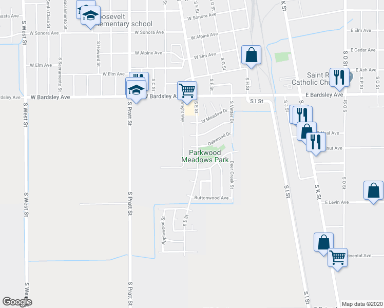 map of restaurants, bars, coffee shops, grocery stores, and more near 1181 South E Street in Tulare