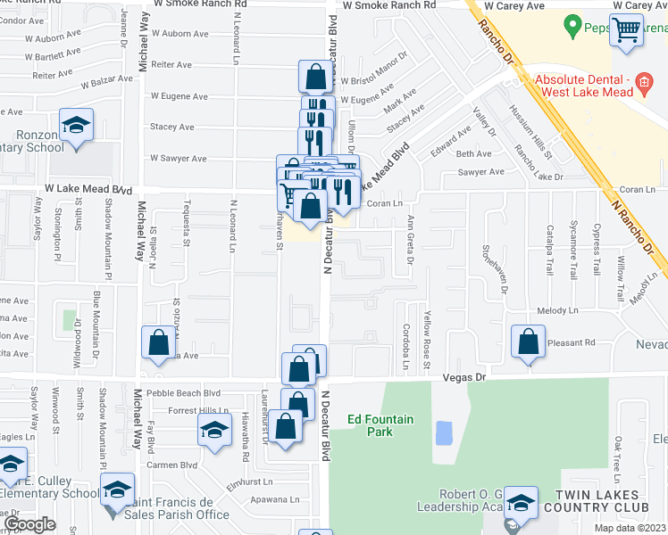 map of restaurants, bars, coffee shops, grocery stores, and more near 1810 North Decatur Boulevard in Las Vegas