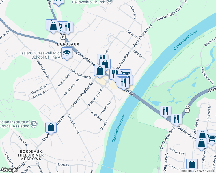 map of restaurants, bars, coffee shops, grocery stores, and more near 3107 River Drive in Nashville