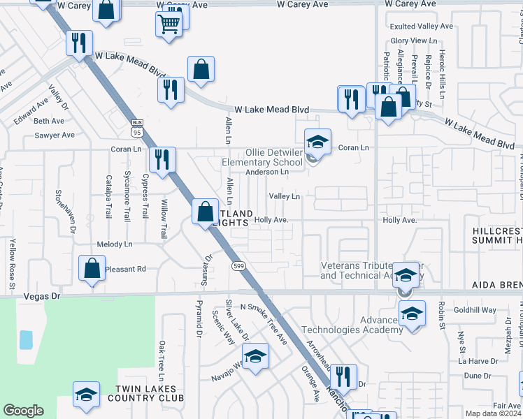 map of restaurants, bars, coffee shops, grocery stores, and more near 1800 Cindysue Street in Las Vegas