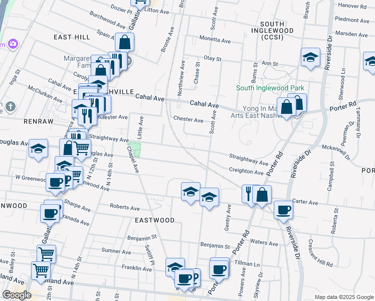 map of restaurants, bars, coffee shops, grocery stores, and more near 1611 Douglas Avenue in Nashville