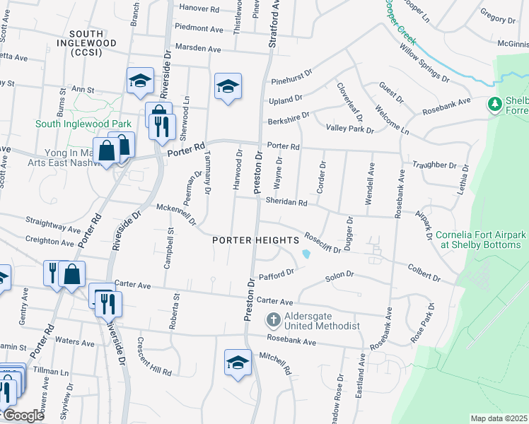 map of restaurants, bars, coffee shops, grocery stores, and more near 2000 Rosecliff Drive in Nashville