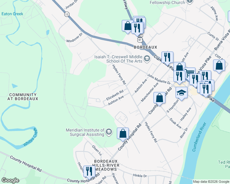 map of restaurants, bars, coffee shops, grocery stores, and more near 1607 Elizabeth Road in Nashville