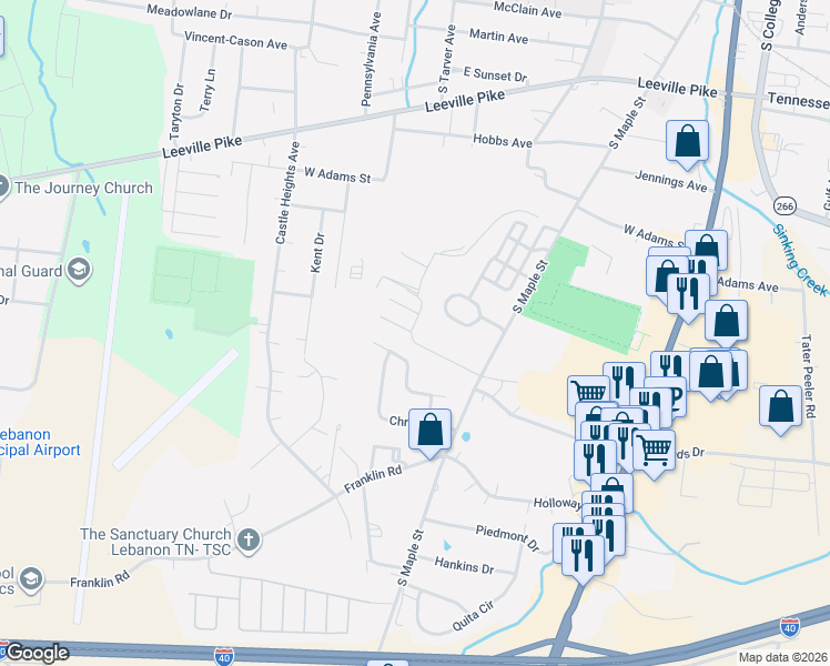 map of restaurants, bars, coffee shops, grocery stores, and more near 145 Lawrence Way in Lebanon