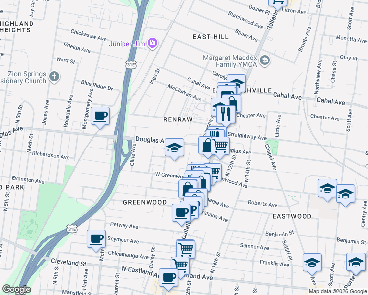 map of restaurants, bars, coffee shops, grocery stores, and more near 1000 Douglas Avenue in Nashville