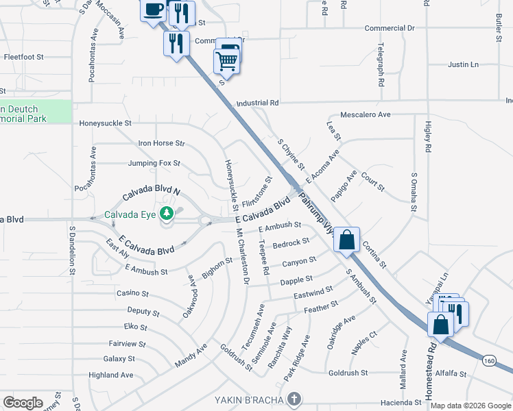 map of restaurants, bars, coffee shops, grocery stores, and more near 2411 Flintstone Street in Pahrump