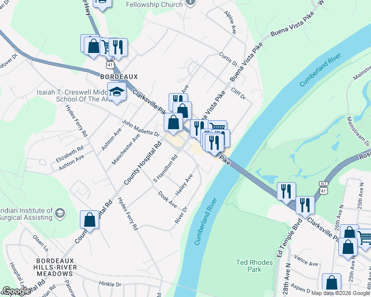 map of restaurants, bars, coffee shops, grocery stores, and more near 3107 River Drive in Nashville