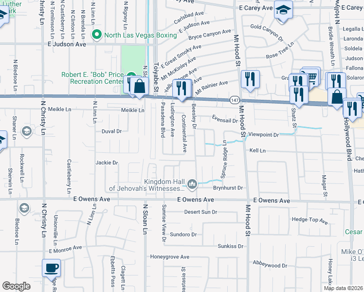 map of restaurants, bars, coffee shops, grocery stores, and more near 1871 Continental Avenue in Las Vegas