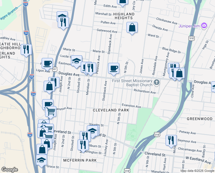 map of restaurants, bars, coffee shops, grocery stores, and more near 1201 Stainback Avenue in Nashville