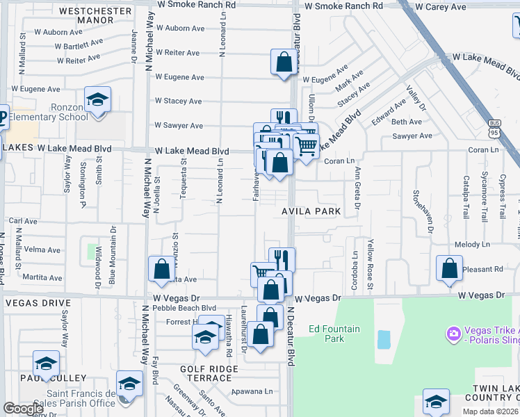 map of restaurants, bars, coffee shops, grocery stores, and more near 1800 Fairhaven Street in Las Vegas