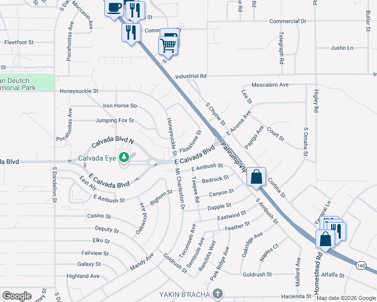 map of restaurants, bars, coffee shops, grocery stores, and more near 2411 Flintstone Street in Pahrump