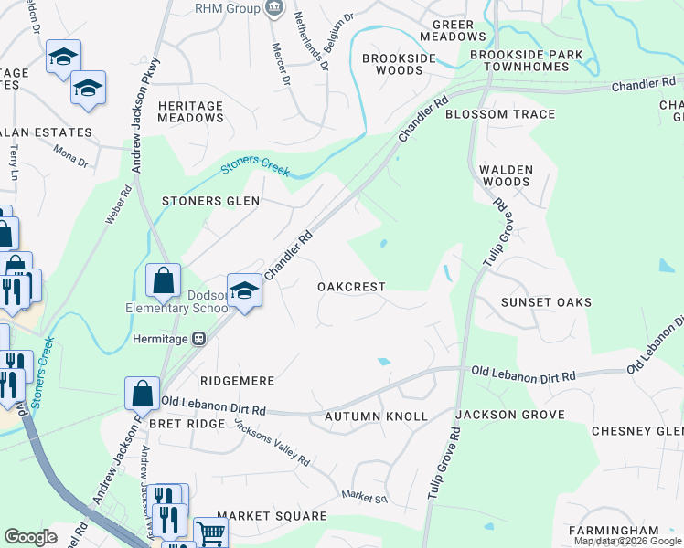 map of restaurants, bars, coffee shops, grocery stores, and more near 101 Oak Hollow in Nashville