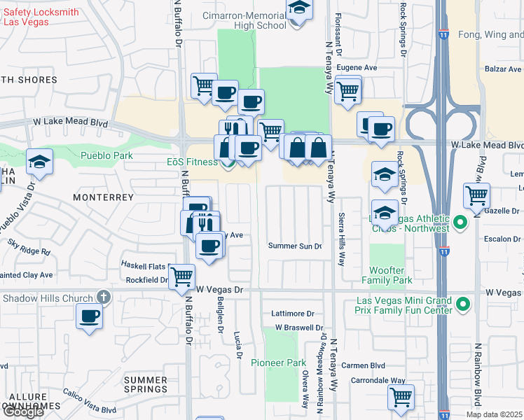 map of restaurants, bars, coffee shops, grocery stores, and more near 1801 Navajo Lake Way in Las Vegas