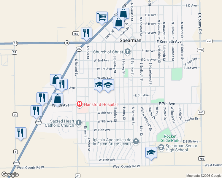 map of restaurants, bars, coffee shops, grocery stores, and more near in Spearman