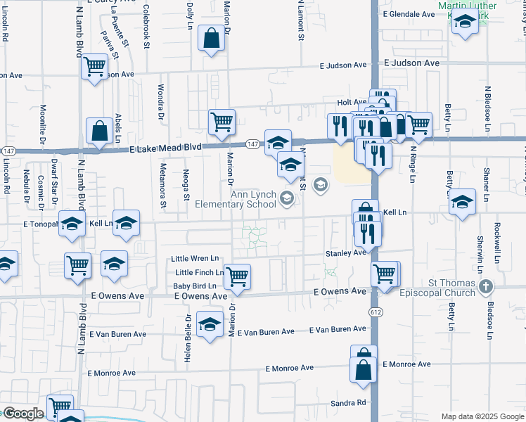 map of restaurants, bars, coffee shops, grocery stores, and more near 21 Kell Lane in Las Vegas