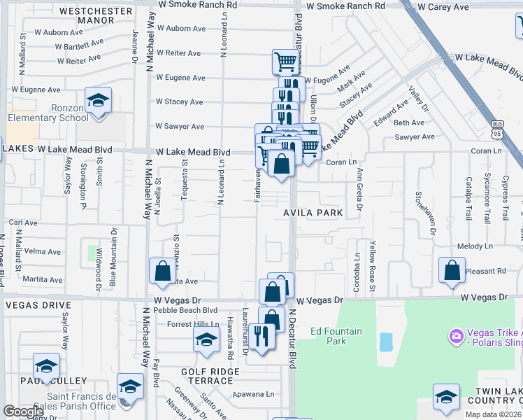 map of restaurants, bars, coffee shops, grocery stores, and more near 1800 Fairhaven Street in Las Vegas