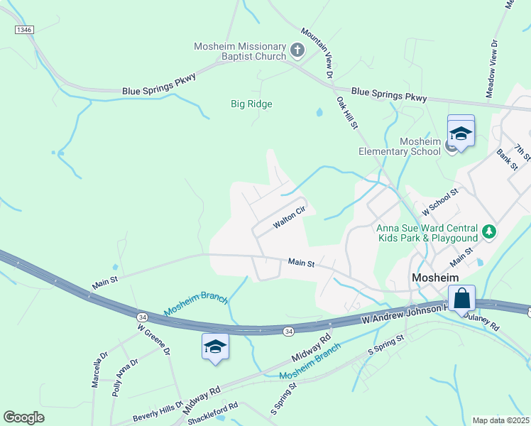 map of restaurants, bars, coffee shops, grocery stores, and more near 115 Westerly Drive in Mosheim