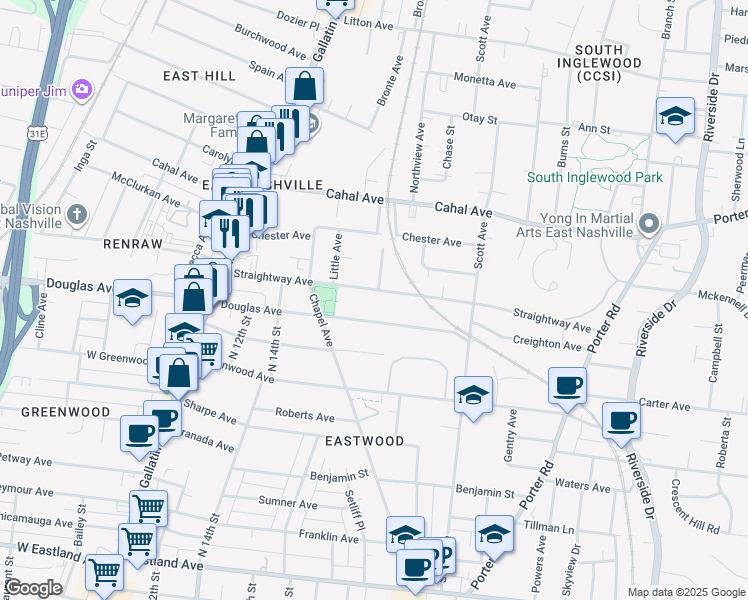 map of restaurants, bars, coffee shops, grocery stores, and more near 1525 Douglas Avenue in Nashville