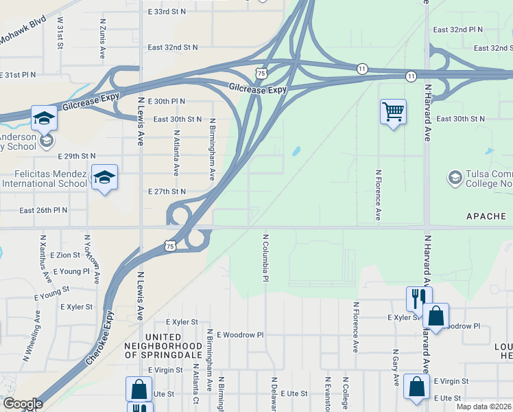 map of restaurants, bars, coffee shops, grocery stores, and more near 2705 East 26th Street North in Tulsa