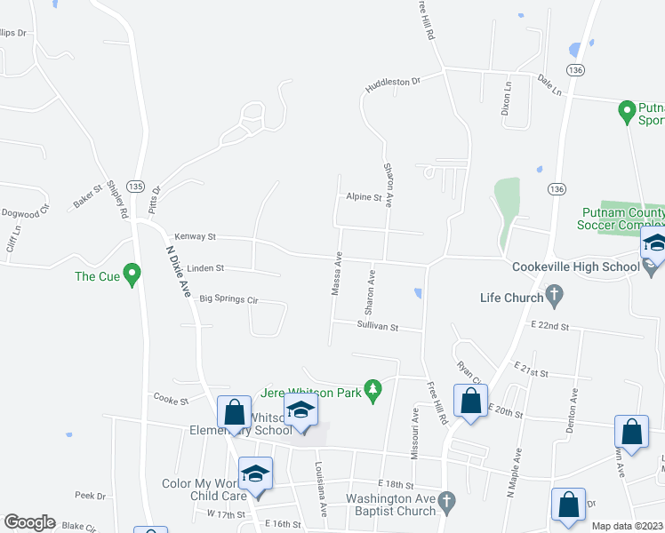 map of restaurants, bars, coffee shops, grocery stores, and more near 297 Kenway Street in Cookeville