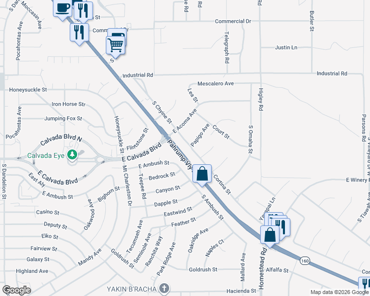 map of restaurants, bars, coffee shops, grocery stores, and more near 2720 Papigo Avenue in Pahrump
