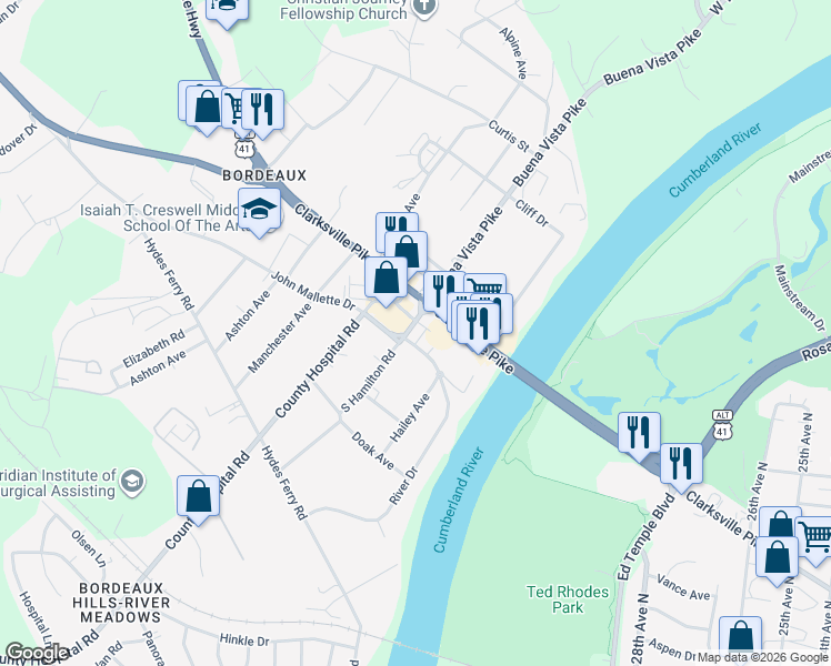 map of restaurants, bars, coffee shops, grocery stores, and more near 3107 River Drive in Nashville