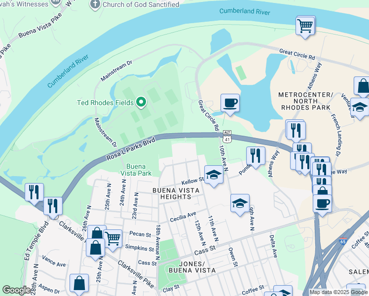 map of restaurants, bars, coffee shops, grocery stores, and more near in Nashville