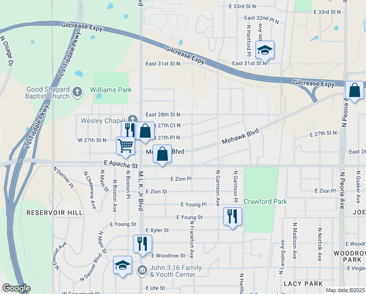 map of restaurants, bars, coffee shops, grocery stores, and more near 331 Mohawk Boulevard in Tulsa