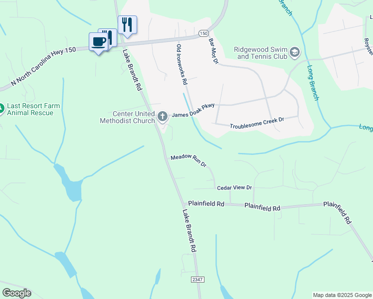 map of restaurants, bars, coffee shops, grocery stores, and more near 2182 Meadow Run Drive in Greensboro
