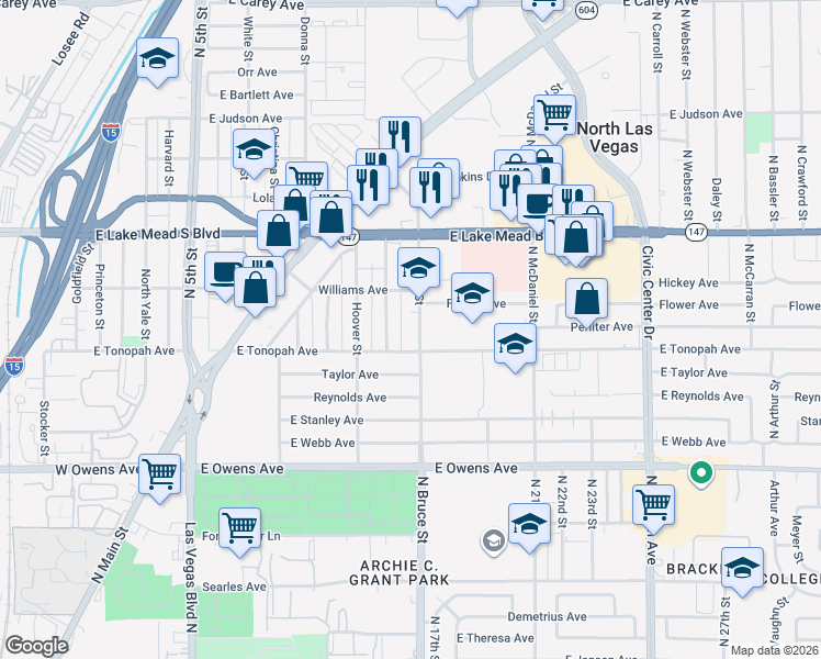 map of restaurants, bars, coffee shops, grocery stores, and more near 1819 North Bruce Street in North Las Vegas