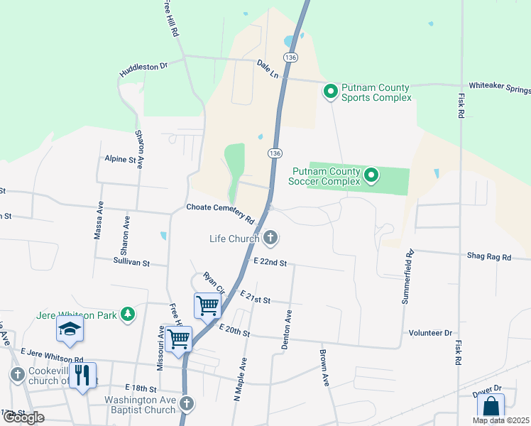 map of restaurants, bars, coffee shops, grocery stores, and more near 2335 North Washington Avenue in Cookeville